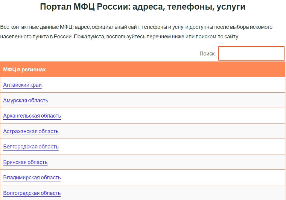 Найти ваше отделение МФЦ на сайте